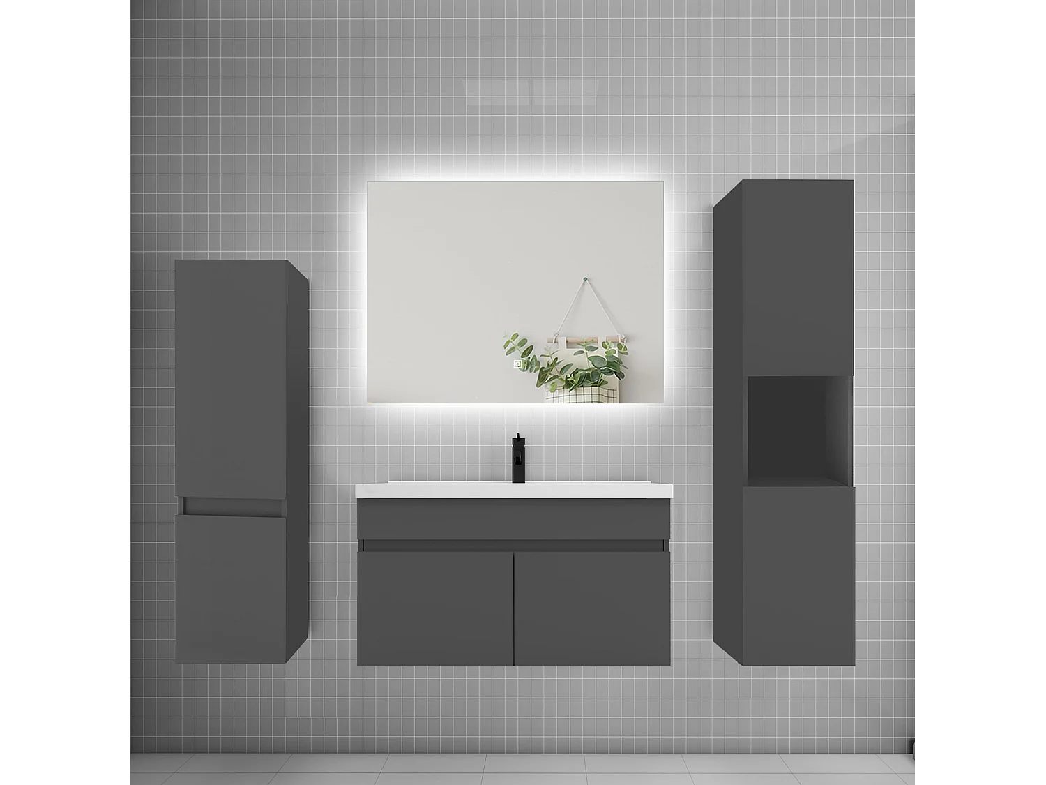 Ensemble meuble vasque L.80cm lavabo + colonne + miroir mural 80cm,anthracite