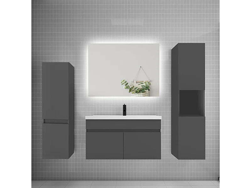 Ensemble meuble vasque L.80cm lavabo + colonne + miroir mural 80cm,anthracite