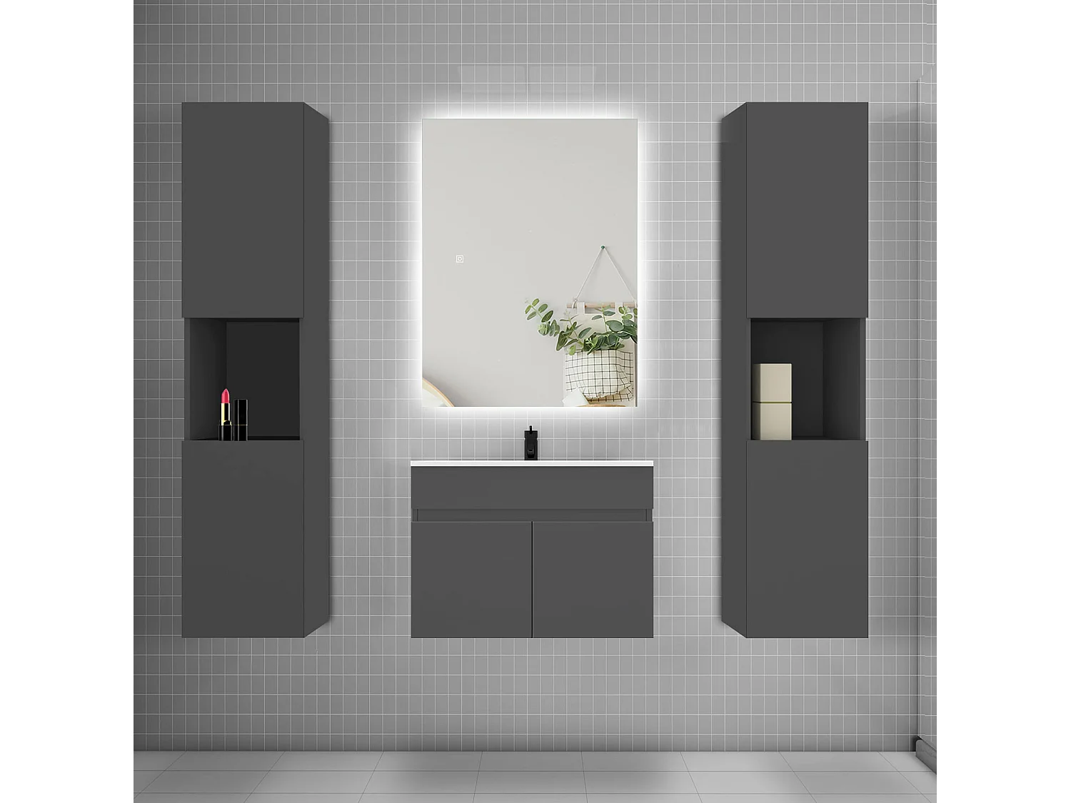 Ensemble meuble vasque L.60cm lavabo + colonne + LED miroir 60cm,anthracite