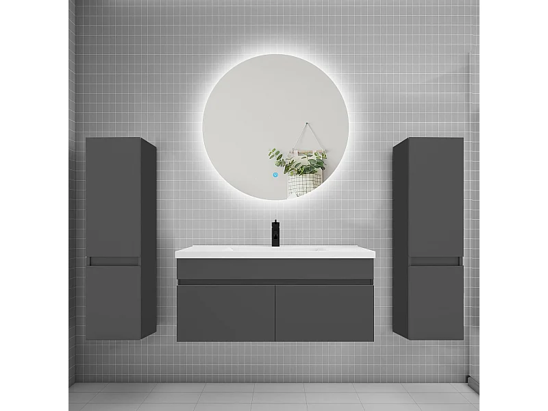 Ensemble meuble vasque L.100cm lavabo + colonne + miroir rond 100cm,anthracite