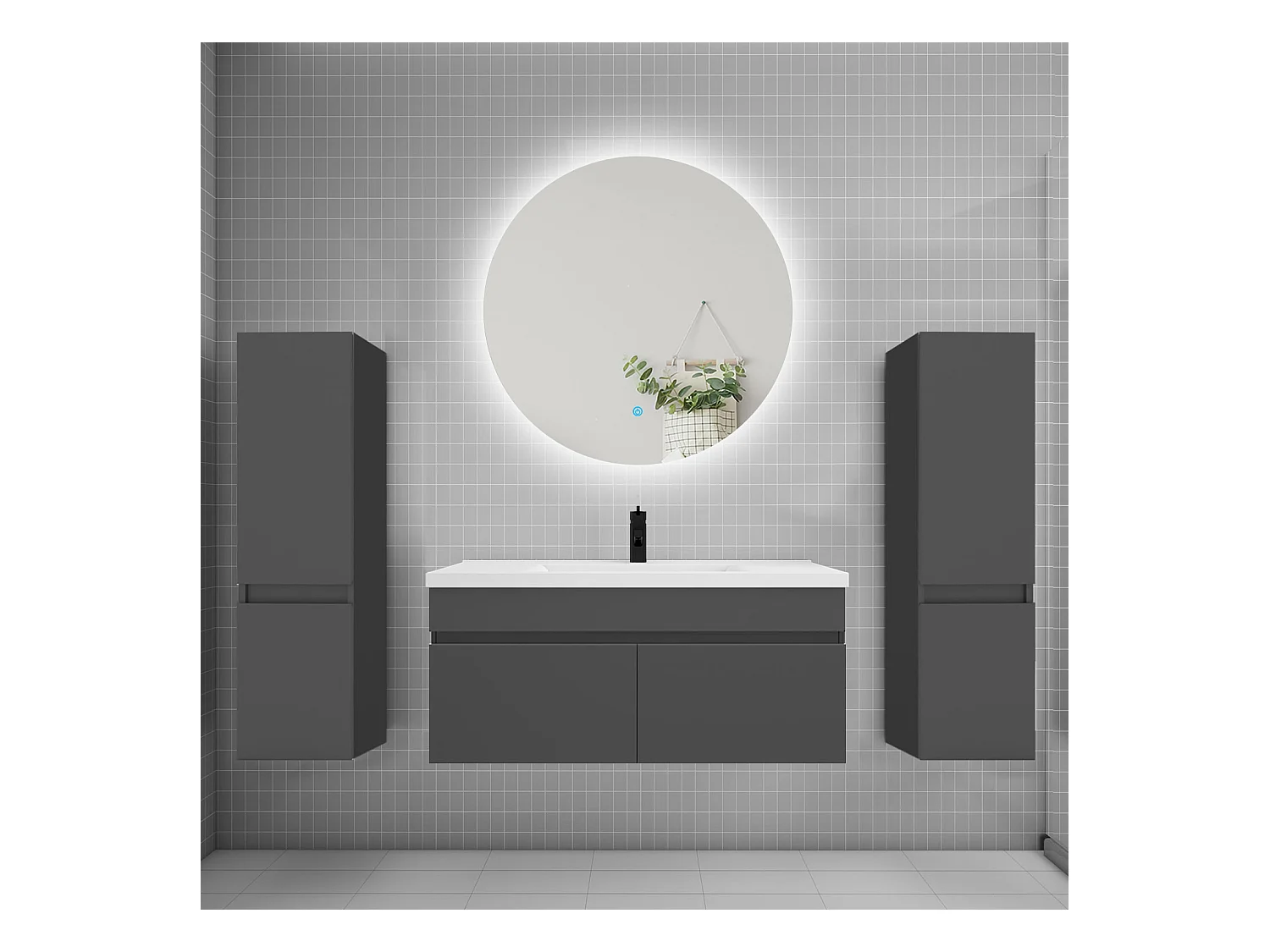 Ensemble meuble vasque L.100cm lavabo + colonne + miroir rond 100cm,anthracite
