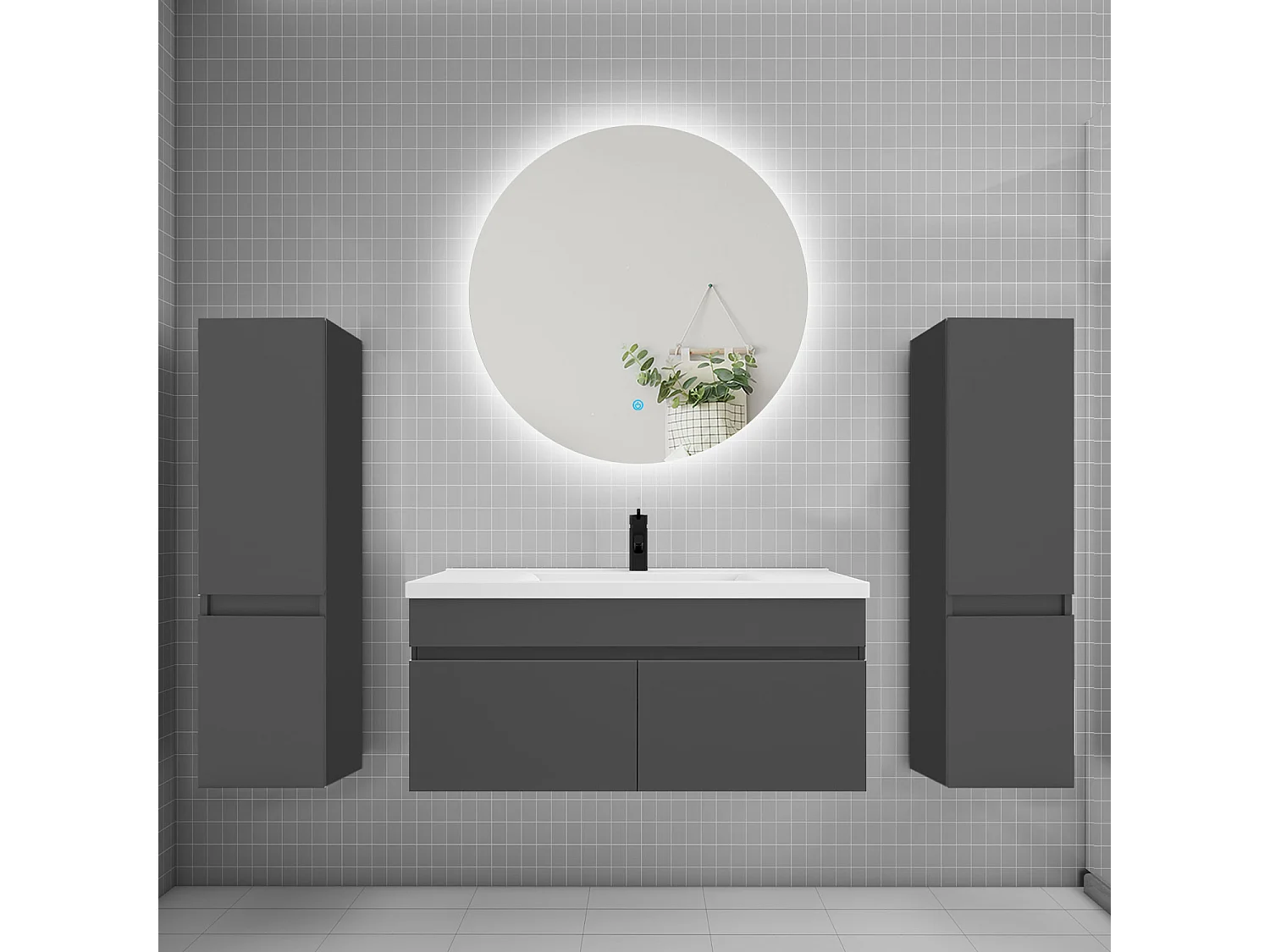 Ensemble meuble vasque L.100cm lavabo + colonne + miroir rond 100cm,anthracite