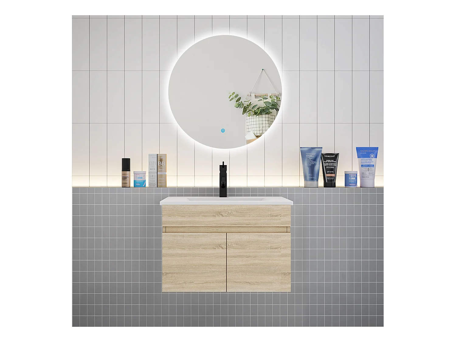 Ensemble meuble vasque L.60cm lavabo + LED miroir rond 60cm,chêne