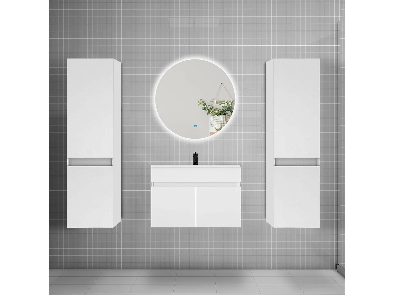 Ensemble meuble vasque L.60cm lavabo + colonne + miroir rond 60cm,blanc