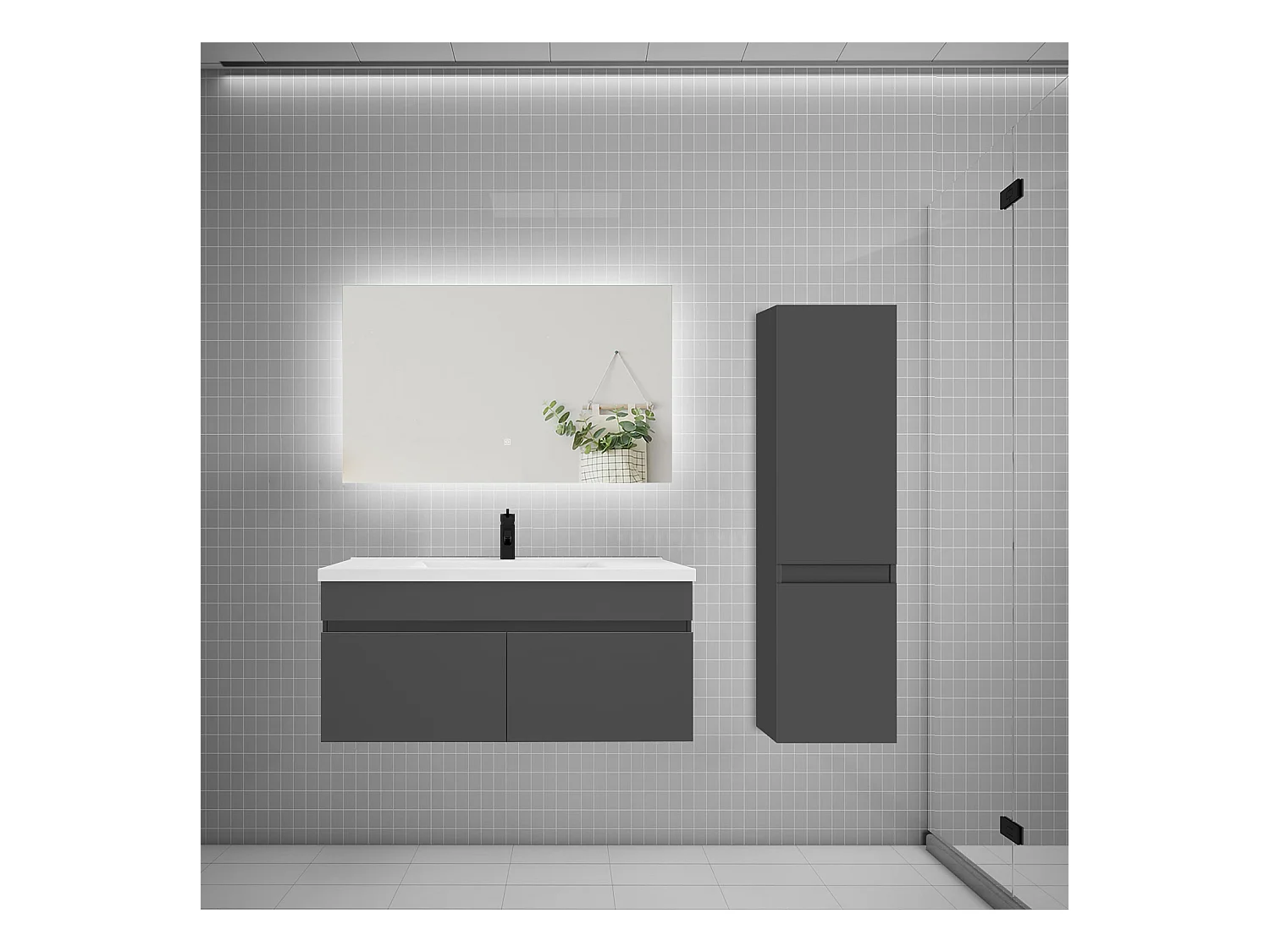 Ensemble meuble simple vasque 100cm lavabo + colonne + miroir,anthracite