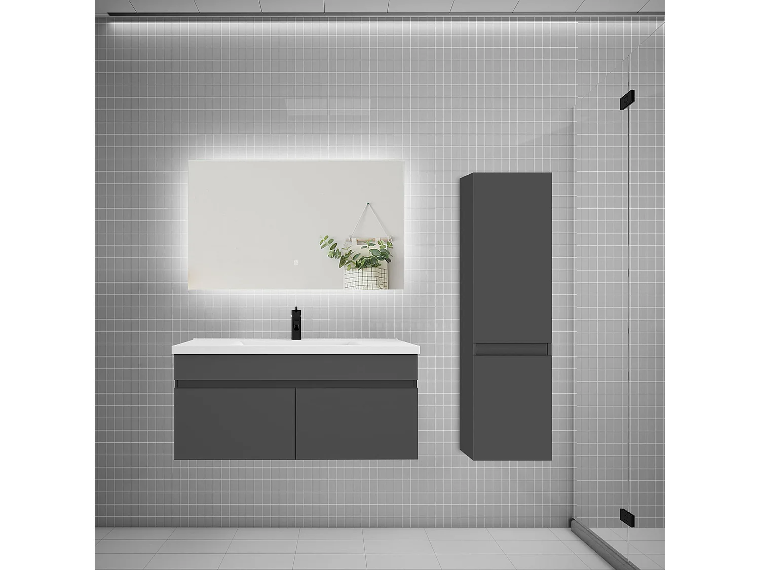 Ensemble meuble simple vasque 100cm lavabo + colonne + miroir,anthracite