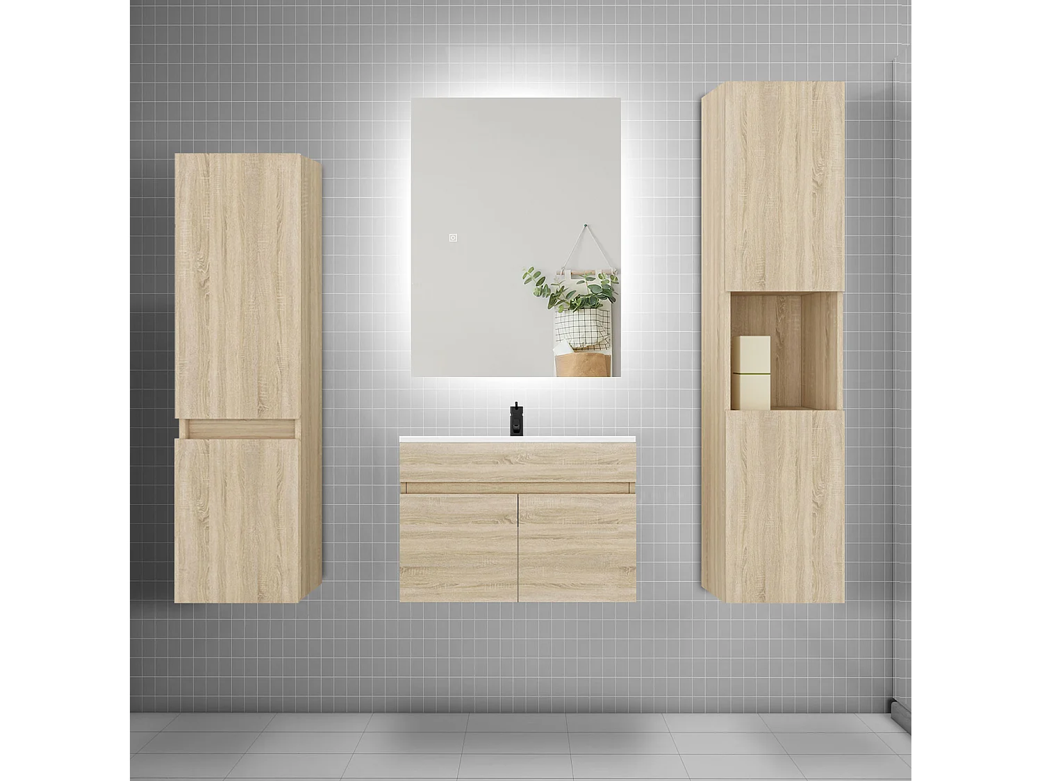 Ensemble meuble vasque L.60cm lavabo + colonne + miroir mural 60cm,chêne