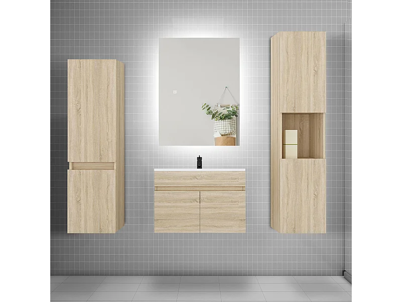 Ensemble meuble vasque L.60cm lavabo + colonne + miroir mural 60cm,chêne