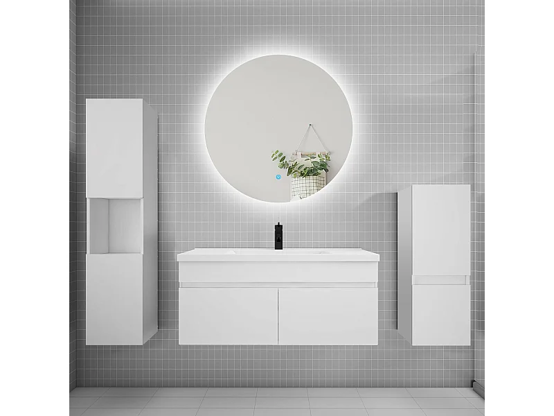 Ensemble meuble vasque L.100cm lavabo + colonne + miroir rond,blanc