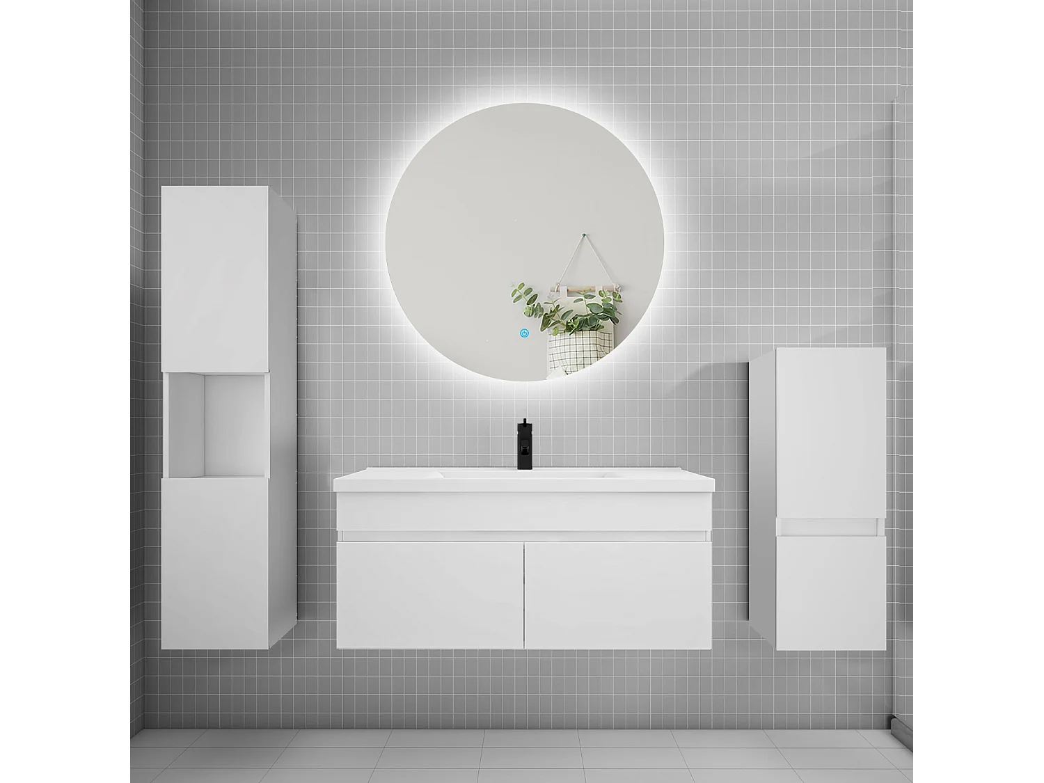 Ensemble meuble vasque L.100cm lavabo + colonne + miroir rond,blanc
