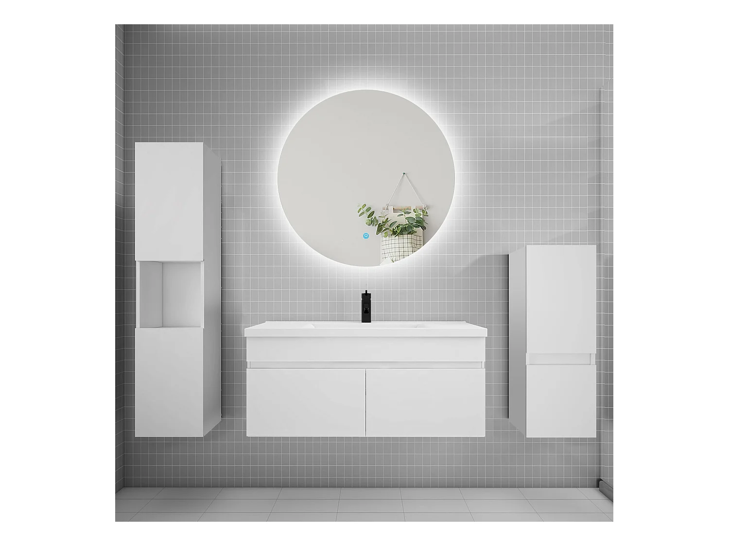 Ensemble meuble vasque L.100cm lavabo + colonne + miroir rond,blanc