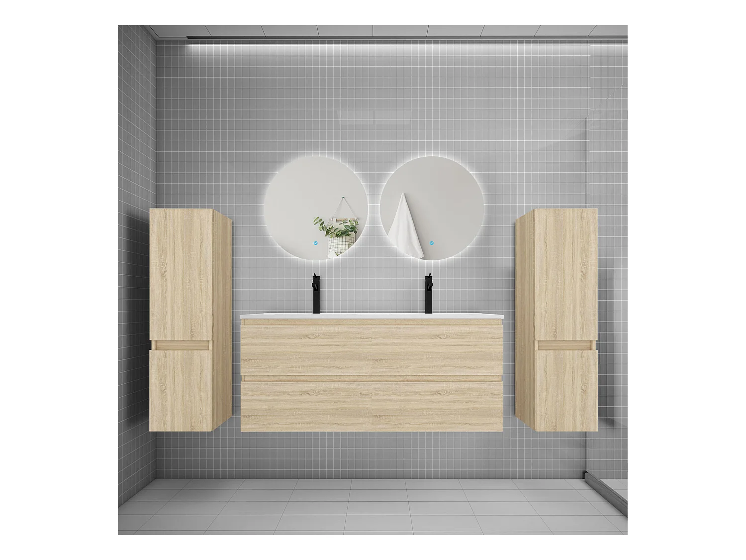 Ensemble meuble vasque L.120cm 2 tiroirs + lavabo + colonne + miroir rond 60cm,chêne