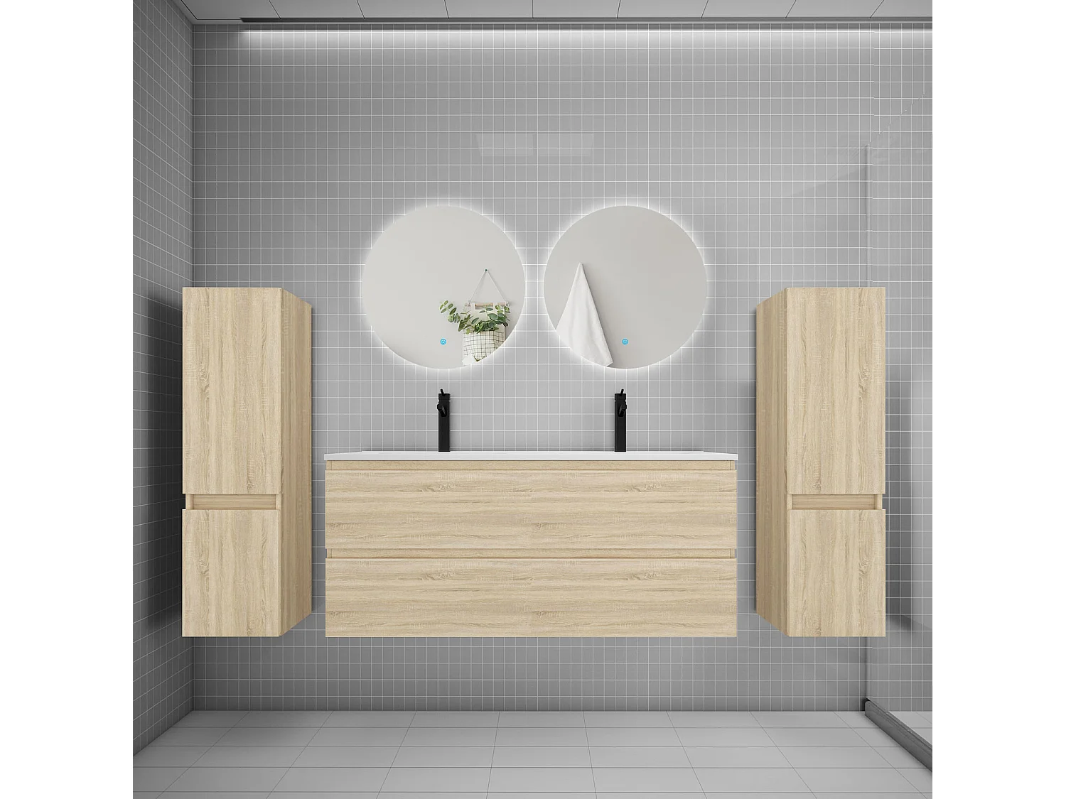 Ensemble meuble vasque L.120cm 2 tiroirs + lavabo + colonne + miroir rond 60cm,chêne
