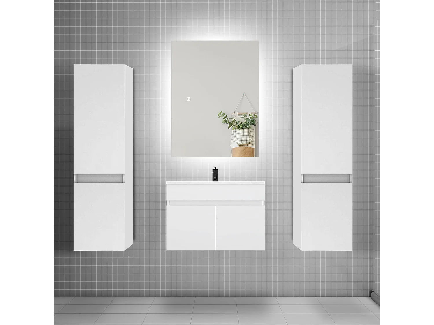 Ensemble meuble vasque L.60cm lavabo + colonne + miroir 60cm,blanc