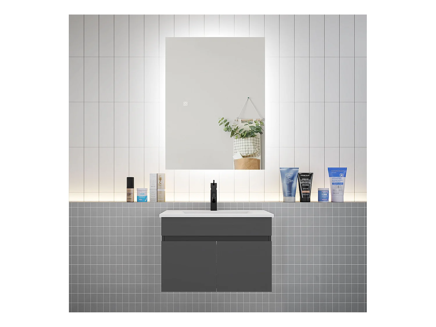 Ensemble meuble vasque L.60cm lavabo + LED miroir 60cm,anthracite