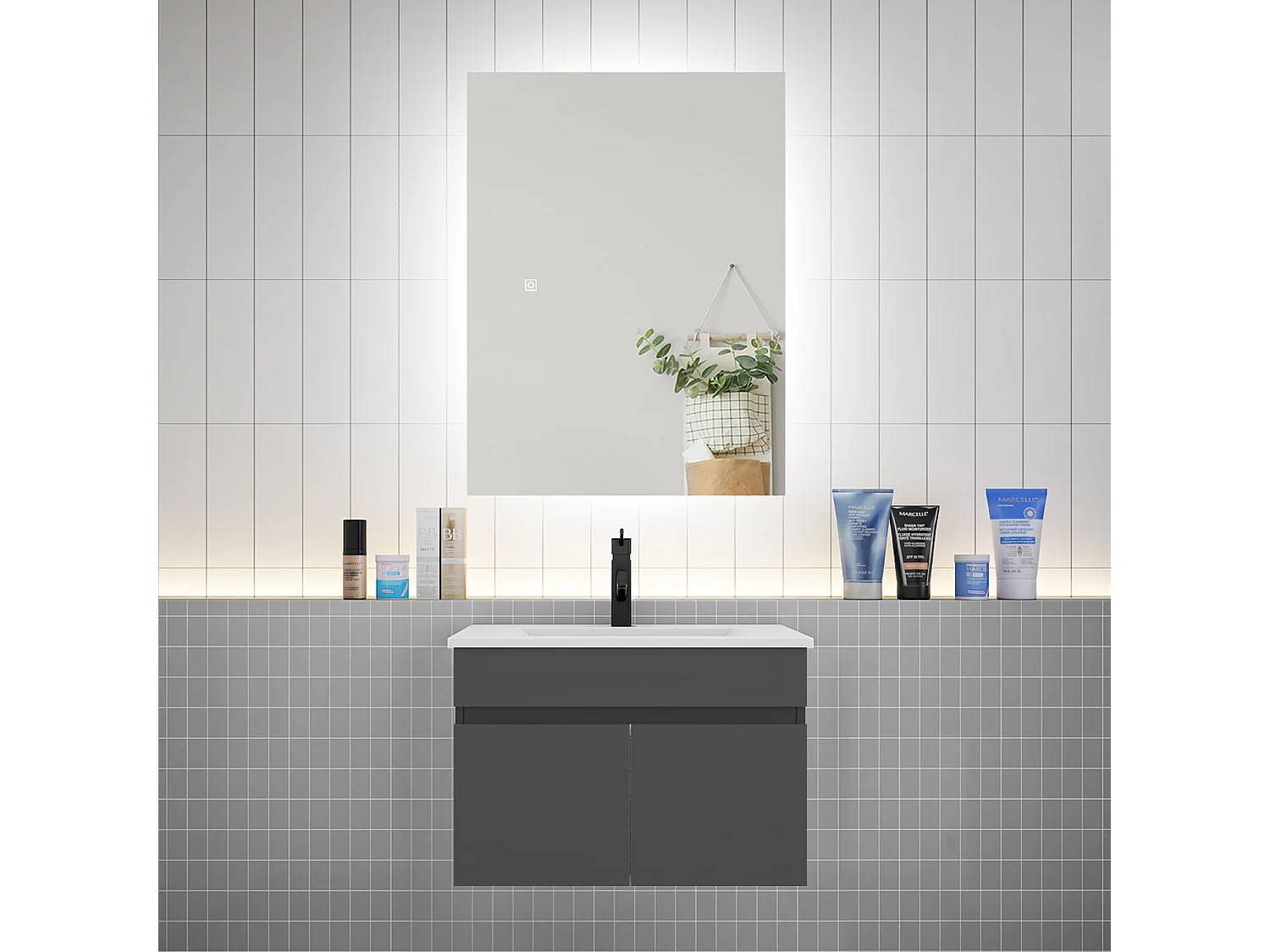 Ensemble meuble vasque L.60cm lavabo + LED miroir 60cm,anthracite