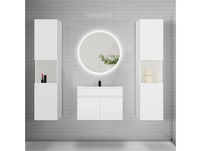 Ensemble meuble vasque L.60cm lavabo + colonne + LED miroir rond 60cm,blanc