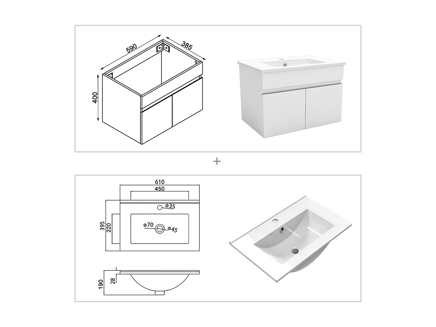 Ensemble meuble vasque L.60cm lavabo + colonne + LED miroir rond 60cm,blanc