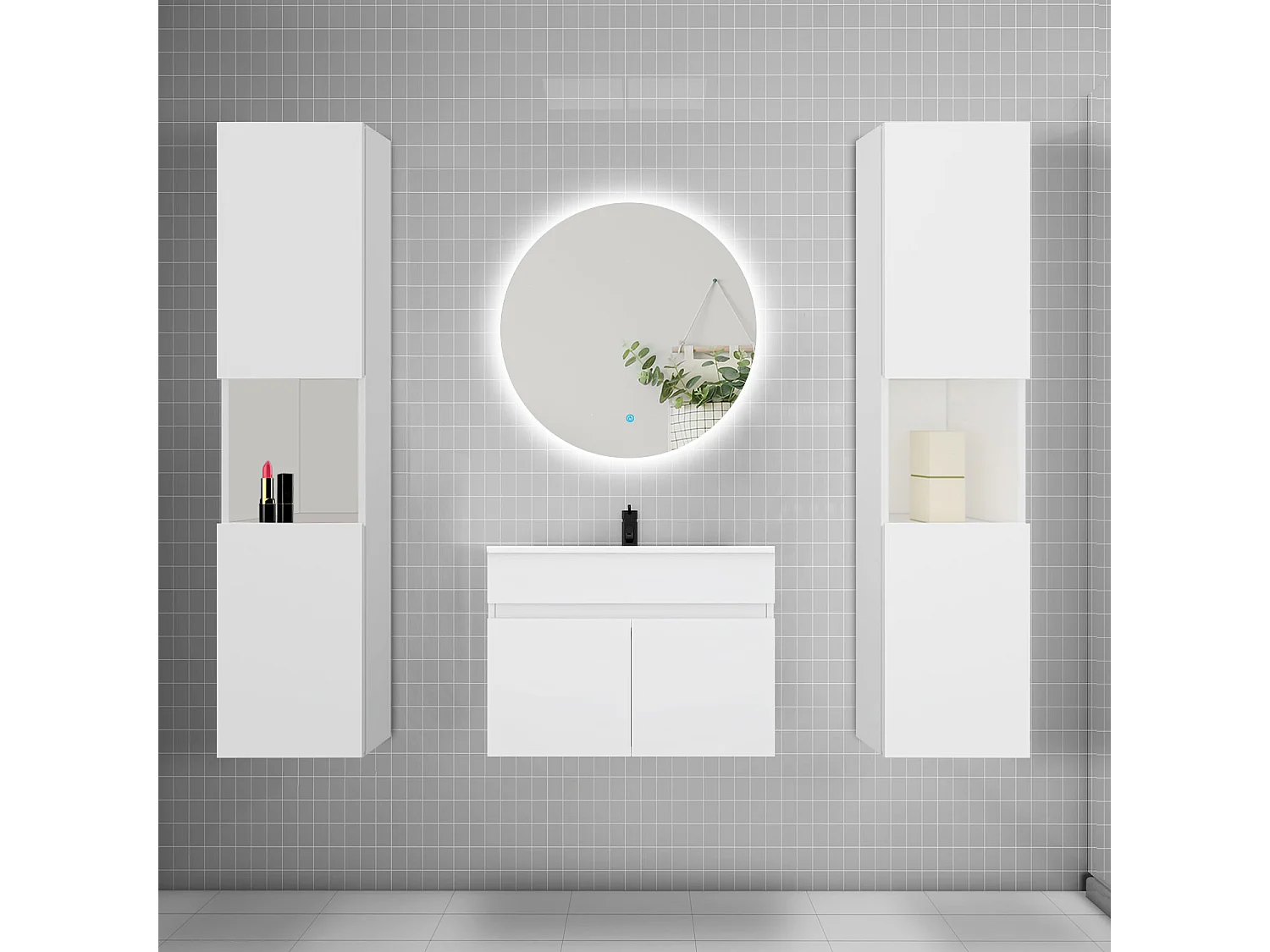 Ensemble meuble vasque L.60cm lavabo + colonne + LED miroir rond 60cm,blanc
