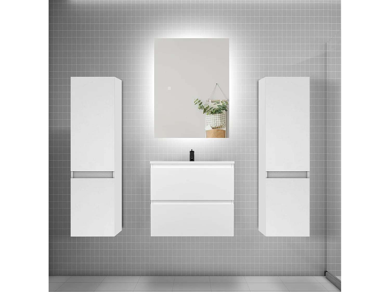 Ensemble meuble vasque L.60cm 2 tiroirs + lavabo + colonne + miroir 60cm,blanc