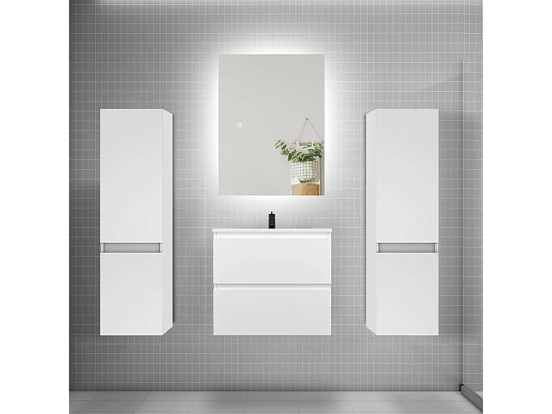 Ensemble meuble vasque L.60cm 2 tiroirs + lavabo + colonne + miroir 60cm,blanc