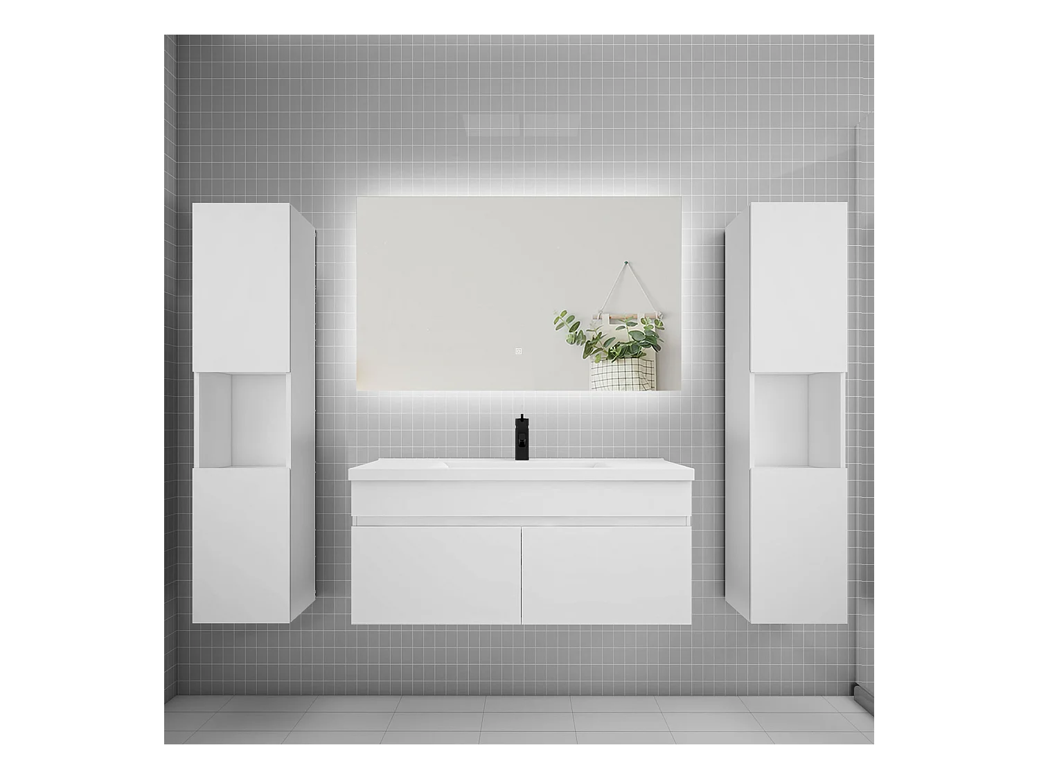 Ensemble meuble vasque L.100cm lavabo + colonne + LED miroir 100cm,blanc