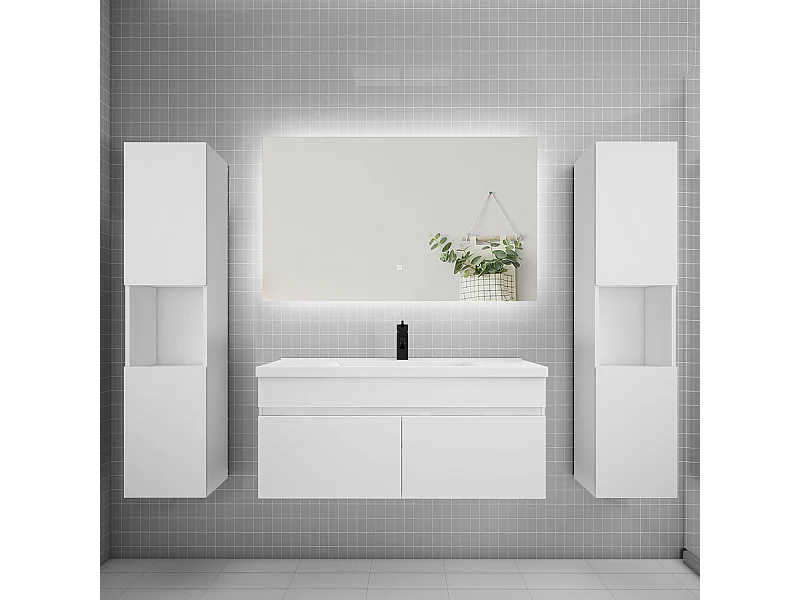 Ensemble meuble vasque L.100cm lavabo + colonne + LED miroir 100cm,blanc