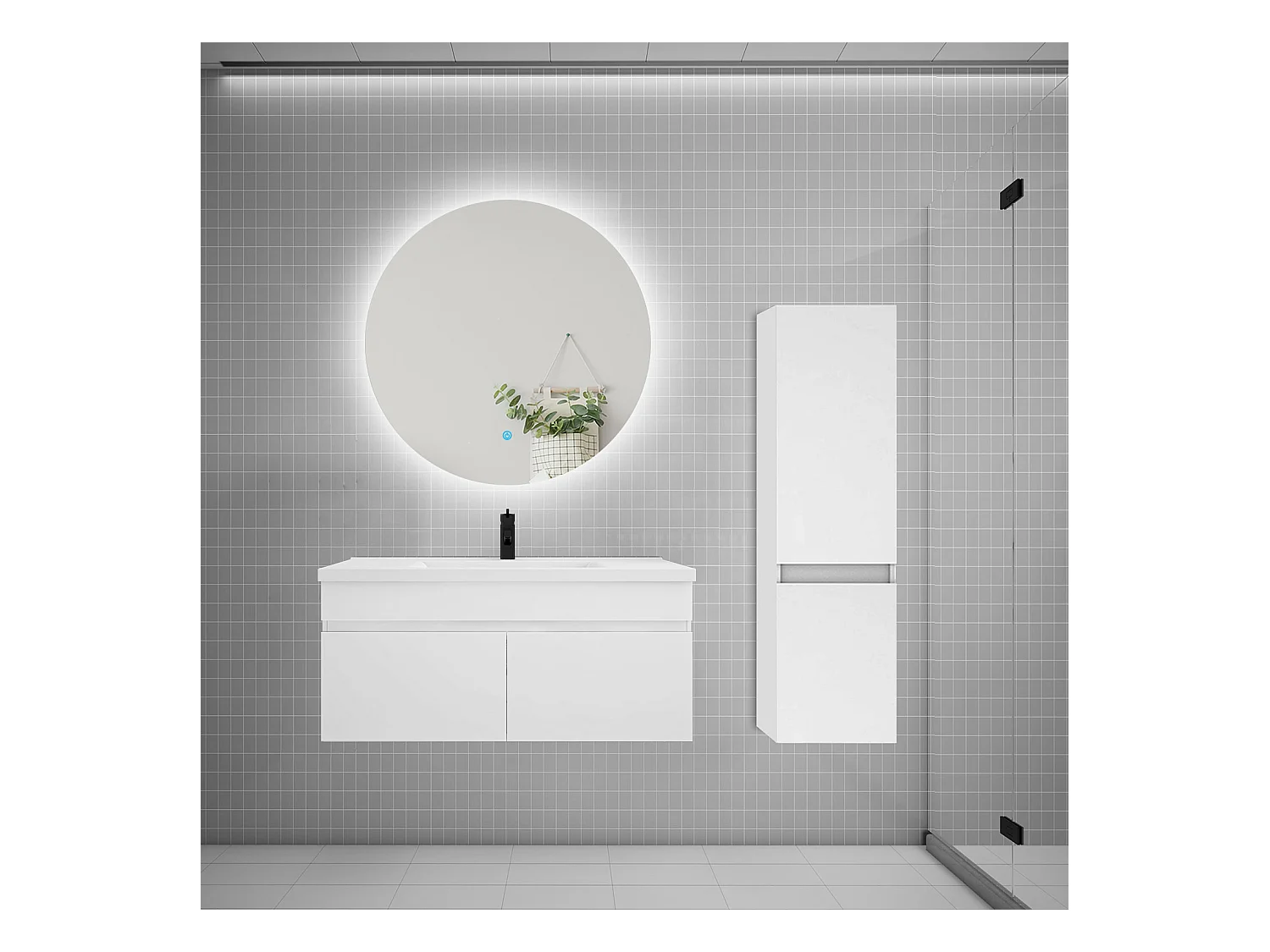 Ensemble meuble simple vasque 100cm lavabo + colonne + miroir rond,blanc