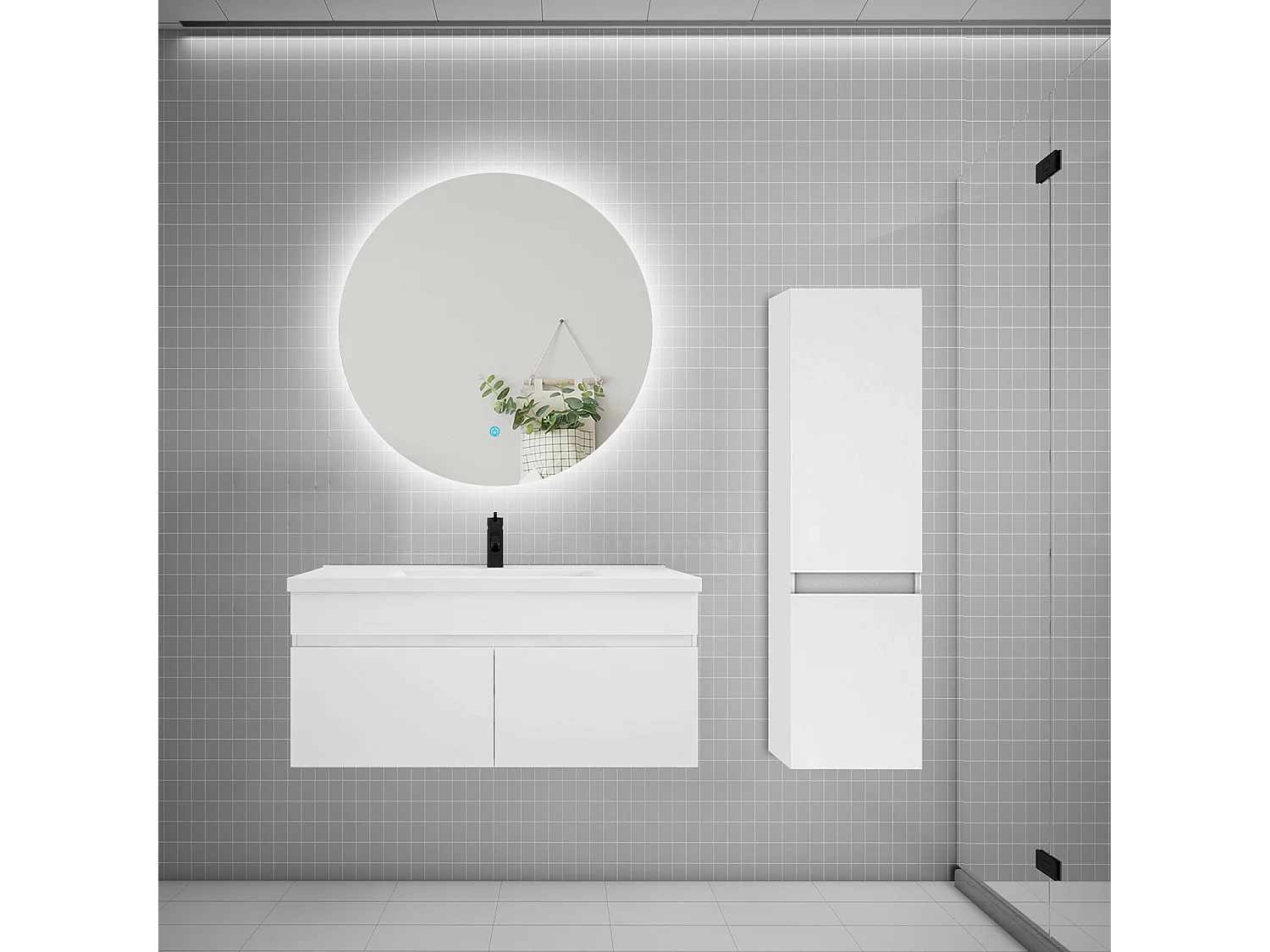 Ensemble meuble simple vasque 100cm lavabo + colonne + miroir rond,blanc
