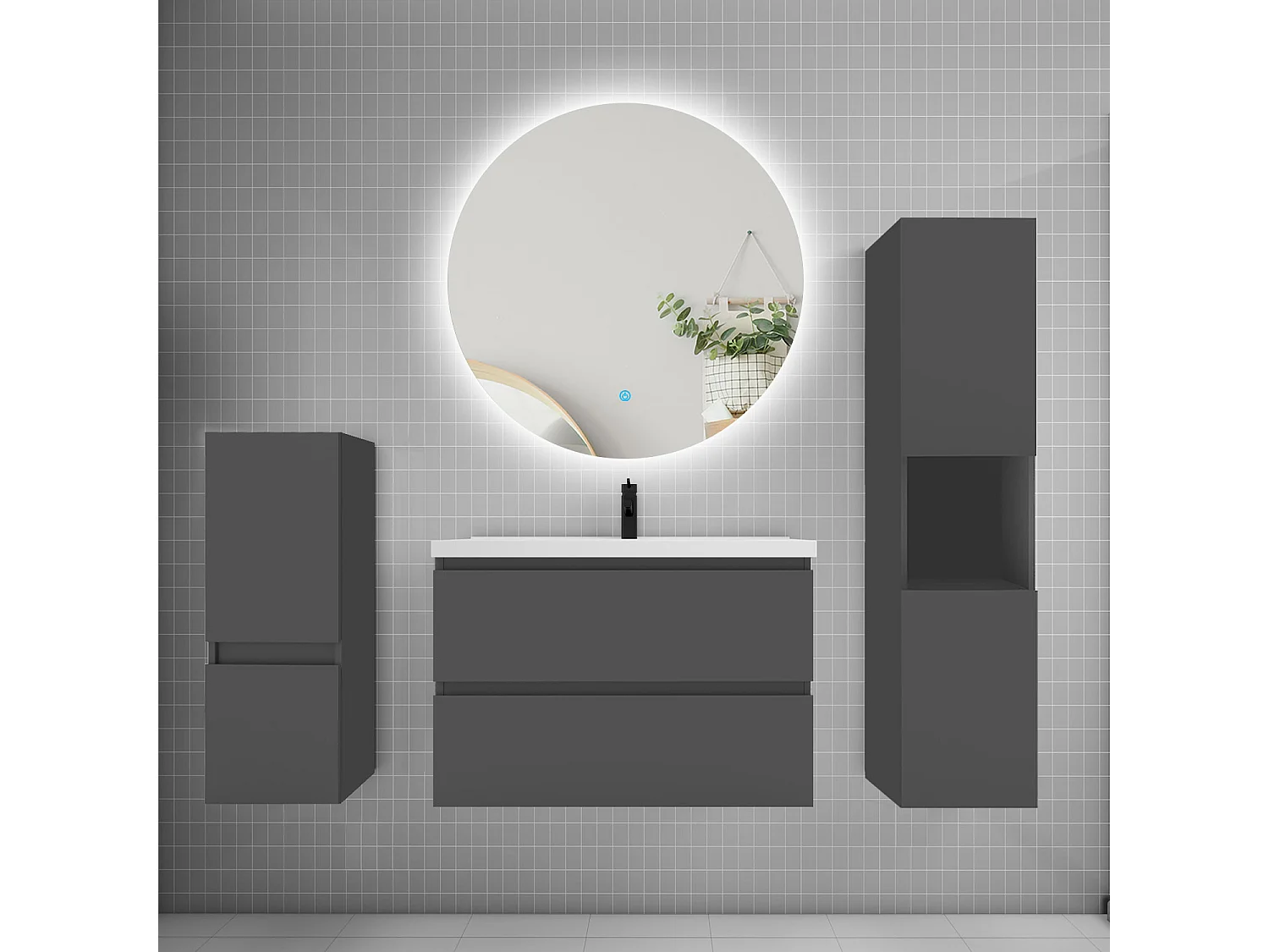 Ensemble meuble vasque L.80cm 2 tiroirs + lavabo + colonne + miroir rond,anthracite