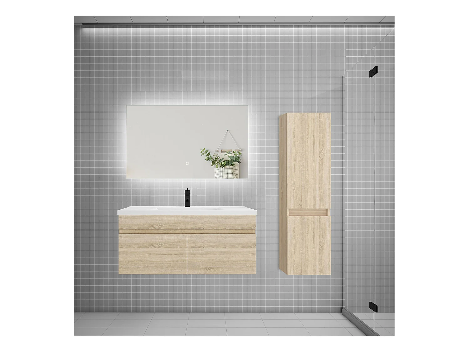 Ensemble meuble simple vasque 100cm lavabo + colonne + miroir,chêne