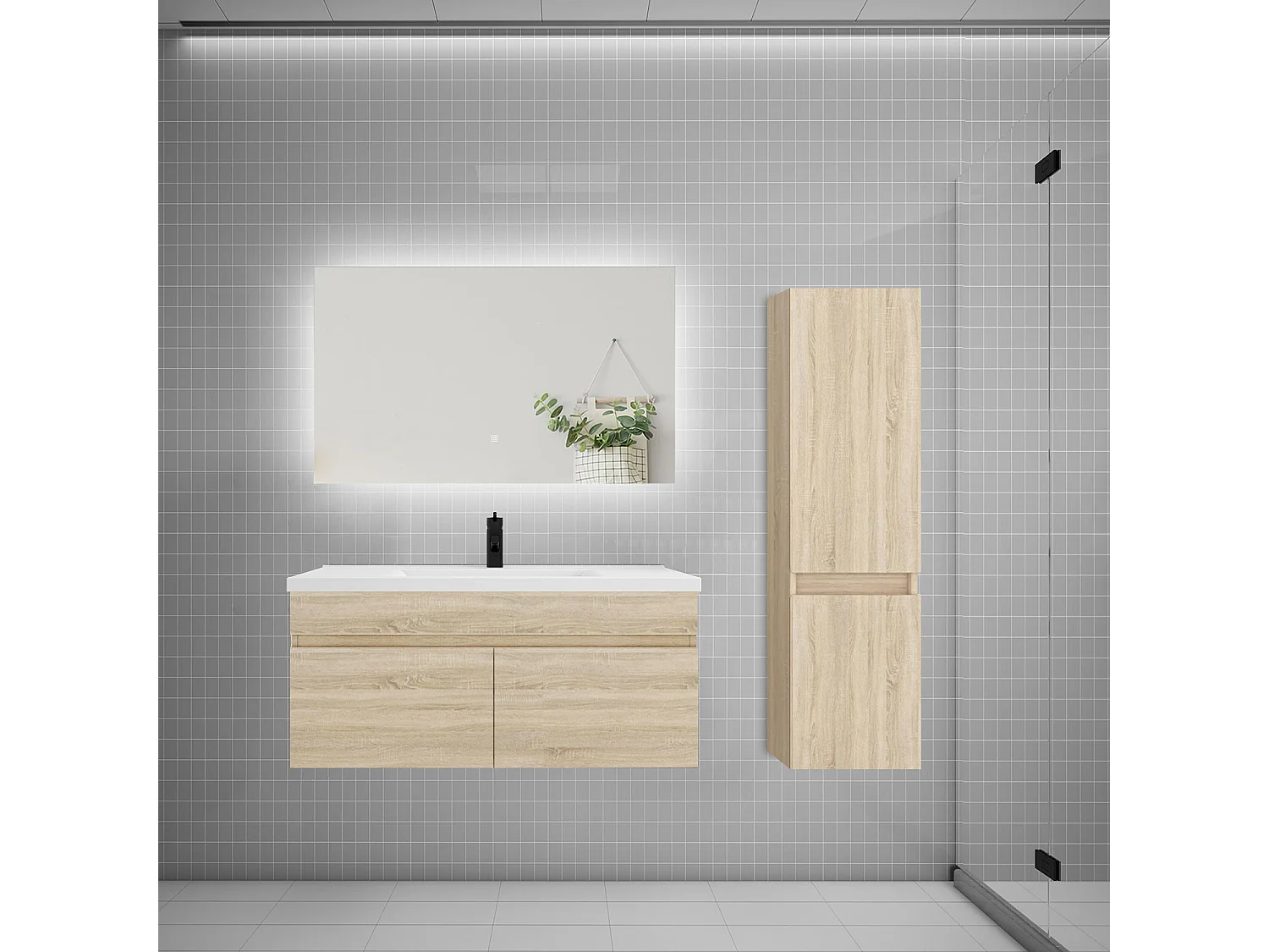 Ensemble meuble simple vasque 100cm lavabo + colonne + miroir,chêne