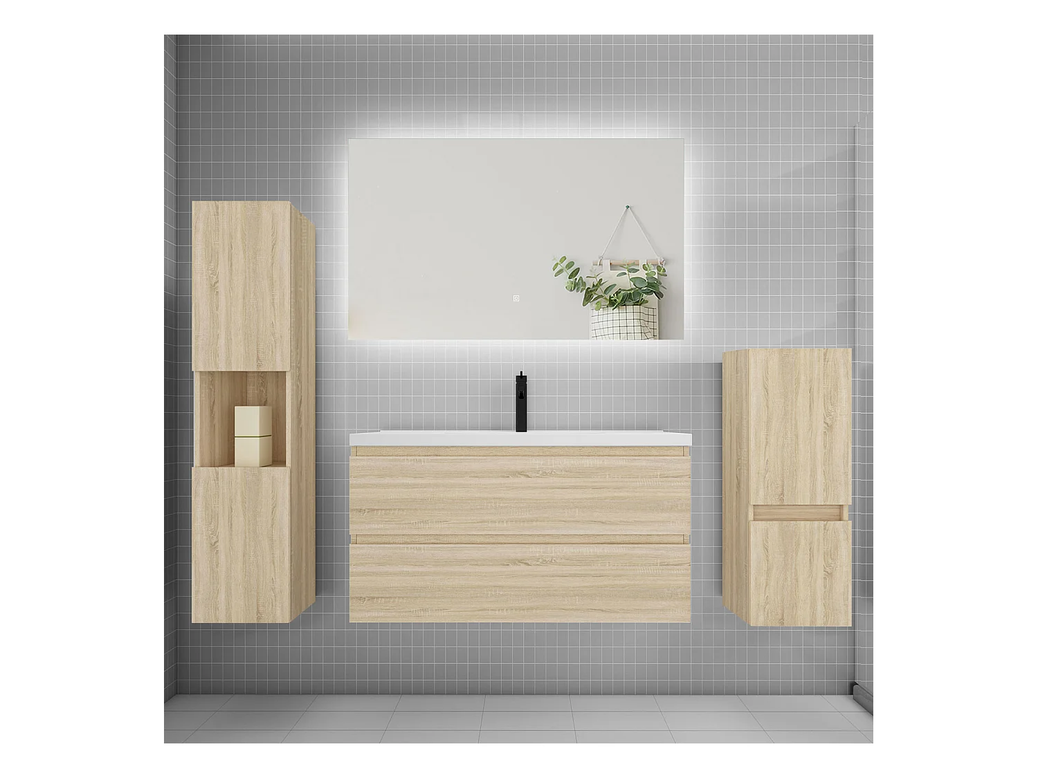 Ensemble meuble vasque L.100cm 2 tiroirs + lavabo + colonne + miroir,chêne