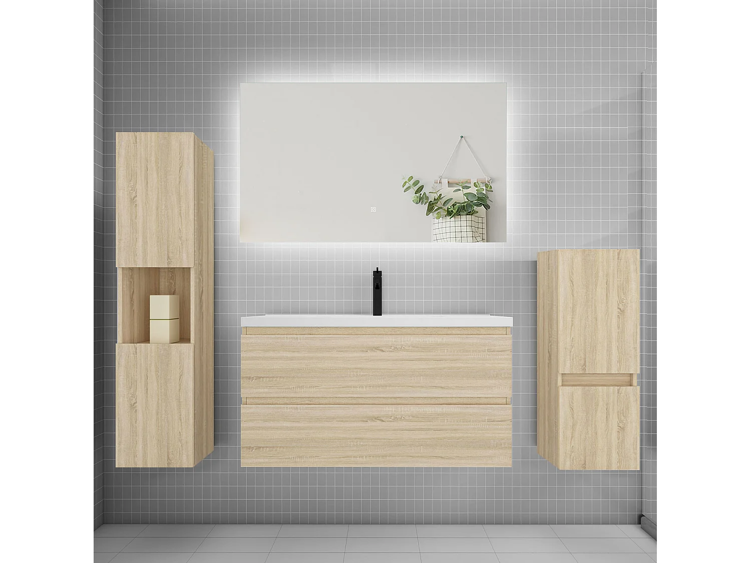 Ensemble meuble vasque L.100cm 2 tiroirs + lavabo + colonne + miroir,chêne