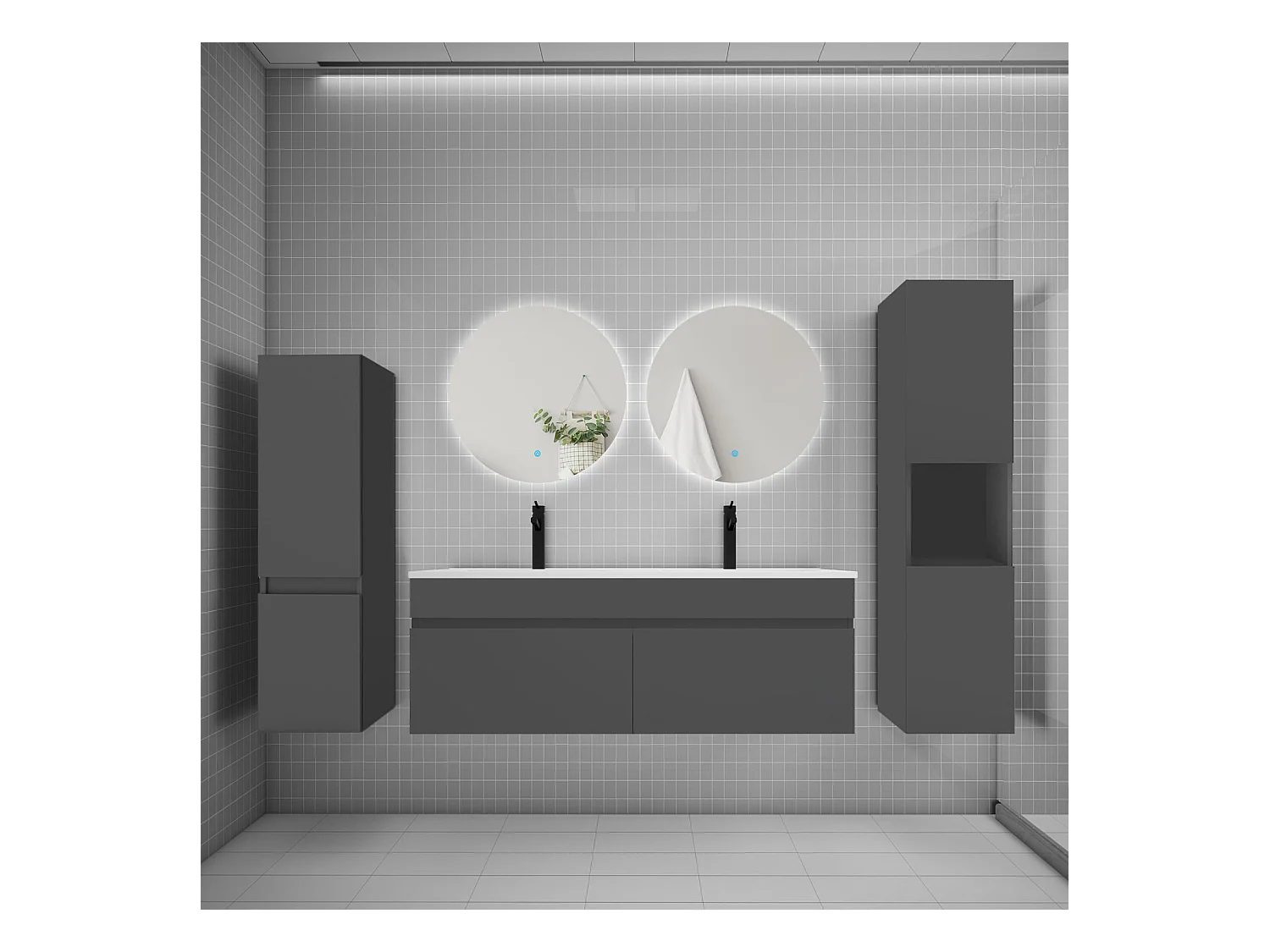Ensemble meuble vasque L.120cm lavabo + colonne + miroir rond mural 60cm,anthracite