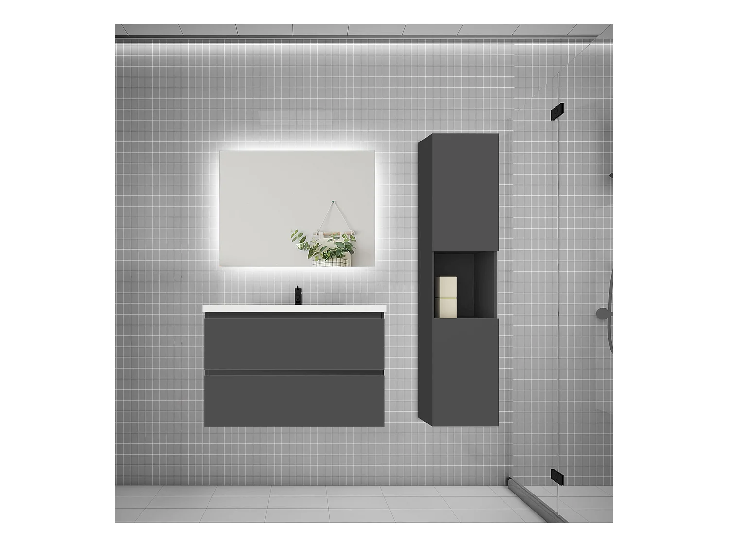 Ensemble meuble vasque 80cm 2 tiroirs + lavabo + colonne + miroir,anthracite