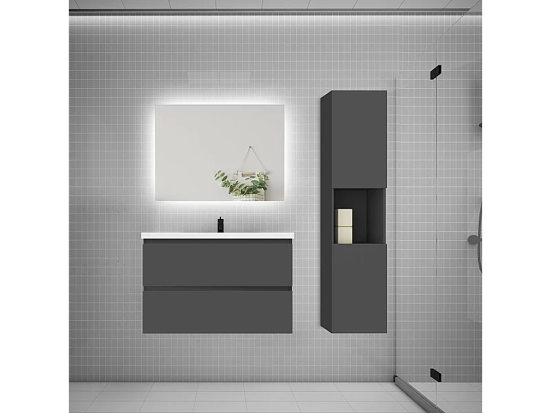 Ensemble meuble vasque 80cm 2 tiroirs + lavabo + colonne + miroir,anthracite