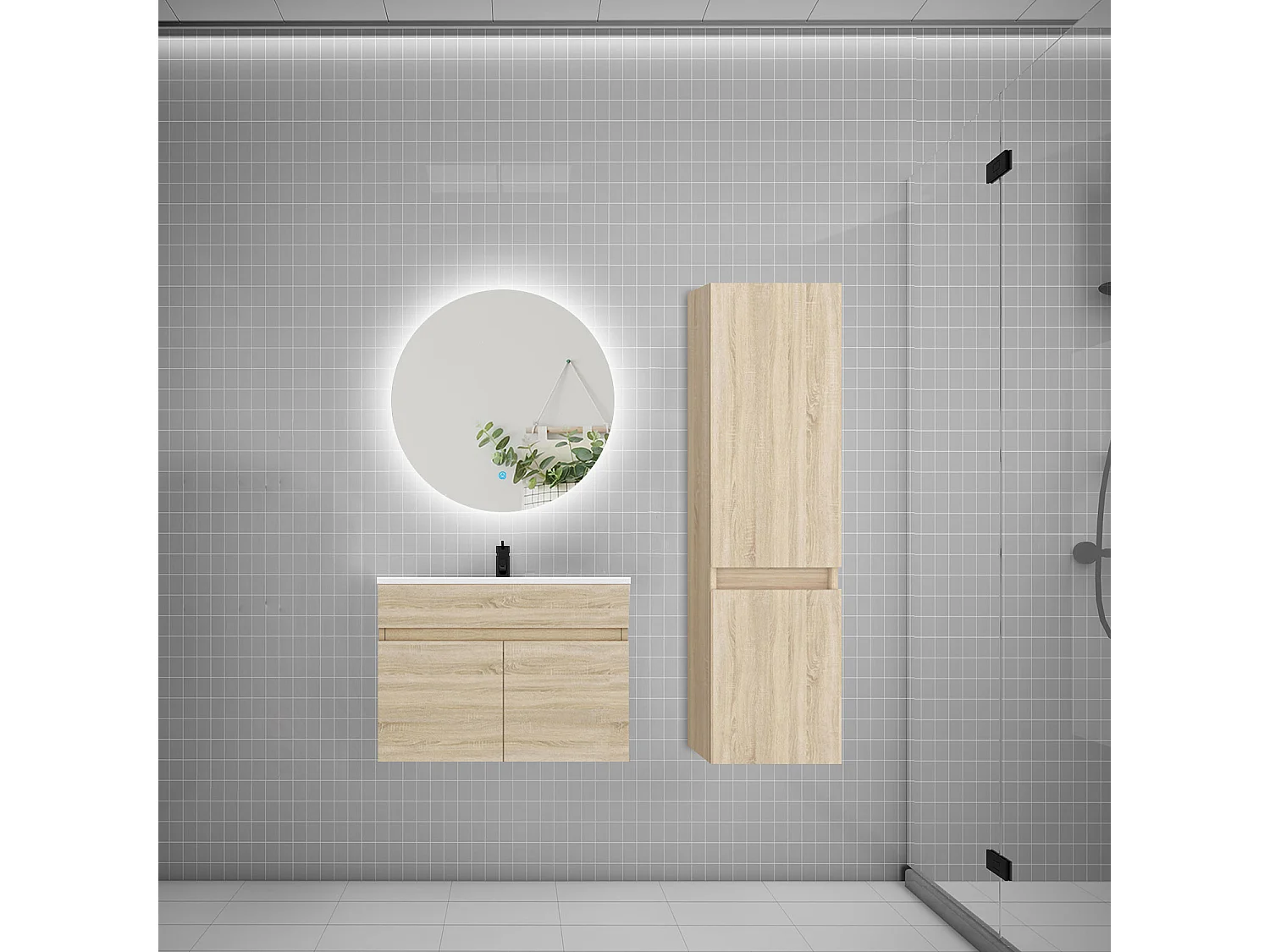 Ensemble meuble simple vasque 60cm lavabo + colonne + miroir rond,chêne