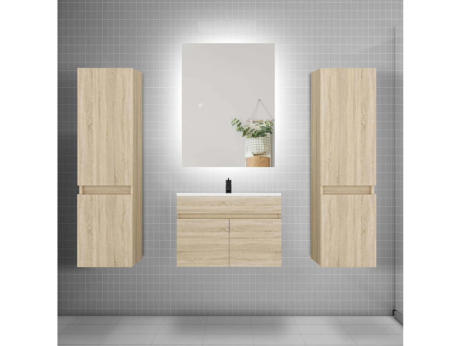Ensemble meuble vasque L.60cm lavabo + colonne + miroir 60cm,chêne
