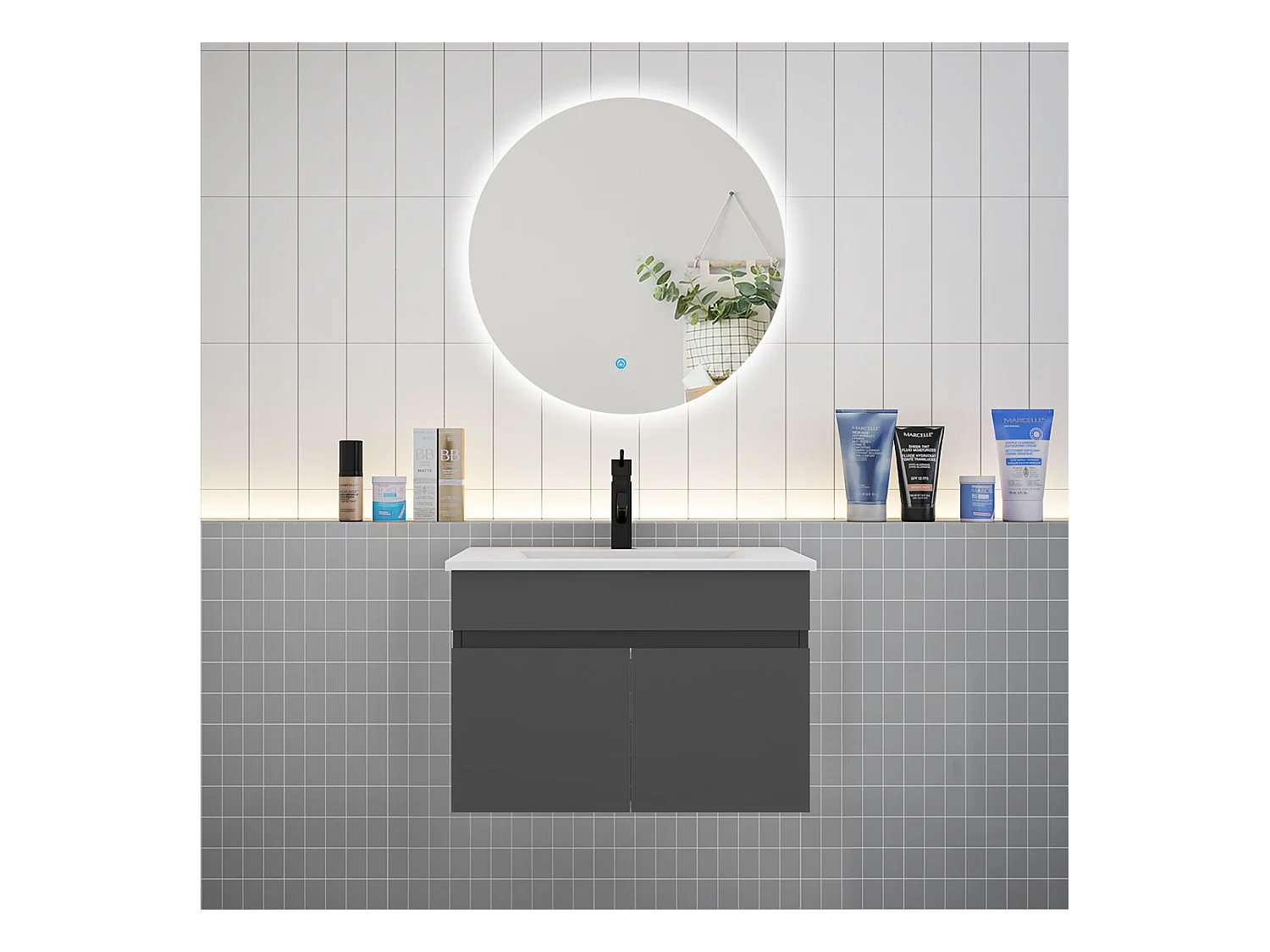 Ensemble meuble vasque L.60cm lavabo + LED miroir rond 60cm,anthracite