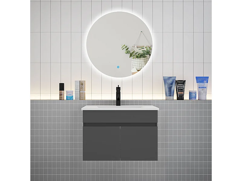 Ensemble meuble vasque L.60cm lavabo + LED miroir rond 60cm,anthracite