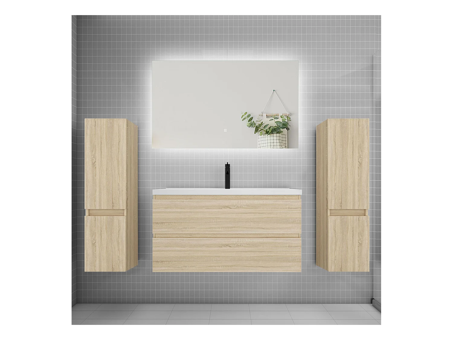 Ensemble meuble vasque L.100cm 2 tiroirs + lavabo + colonne + miroir 100cm,chêne