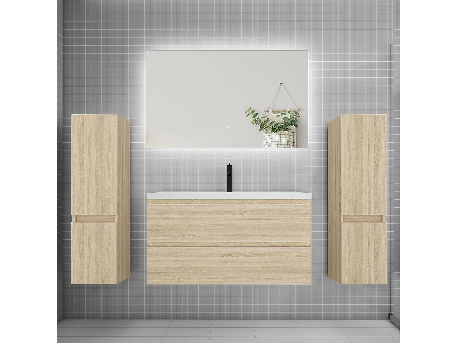 Ensemble meuble vasque L.100cm 2 tiroirs + lavabo + colonne + miroir 100cm,chêne