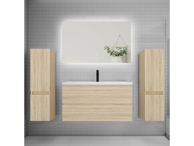 Ensemble meuble vasque L.100cm 2 tiroirs + lavabo + colonne + miroir 100cm,chêne