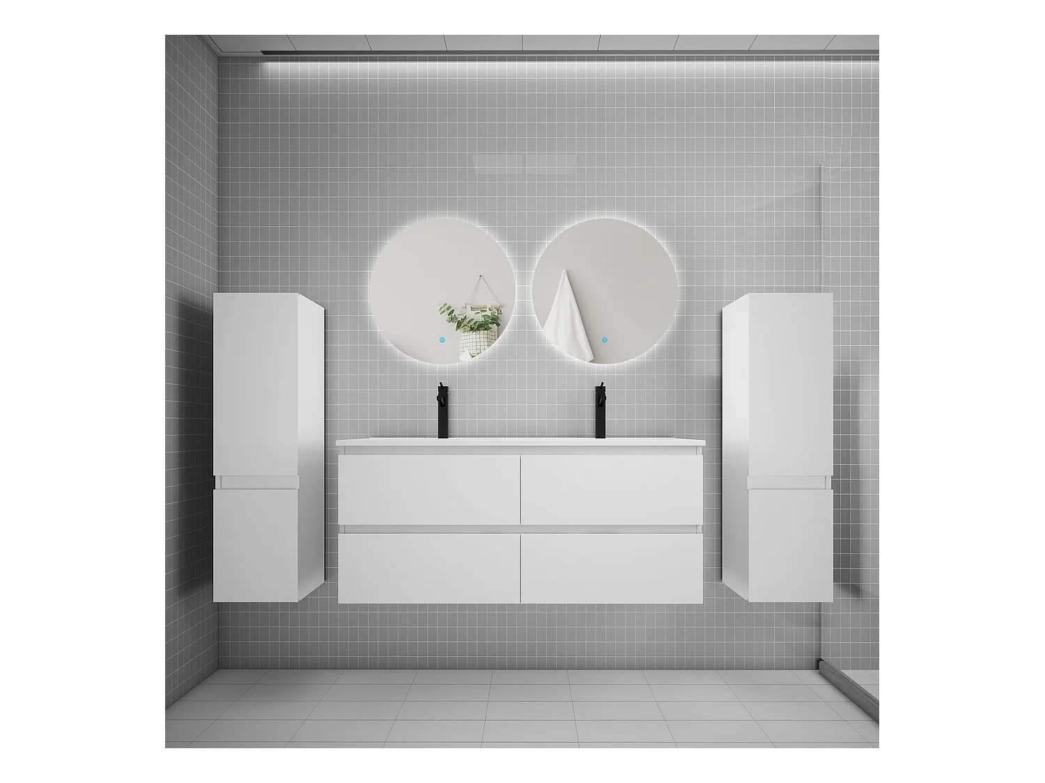 Ensemble meuble vasque L.120cm 2 tiroirs + lavabo + colonne + miroir rond 60cm,blanc