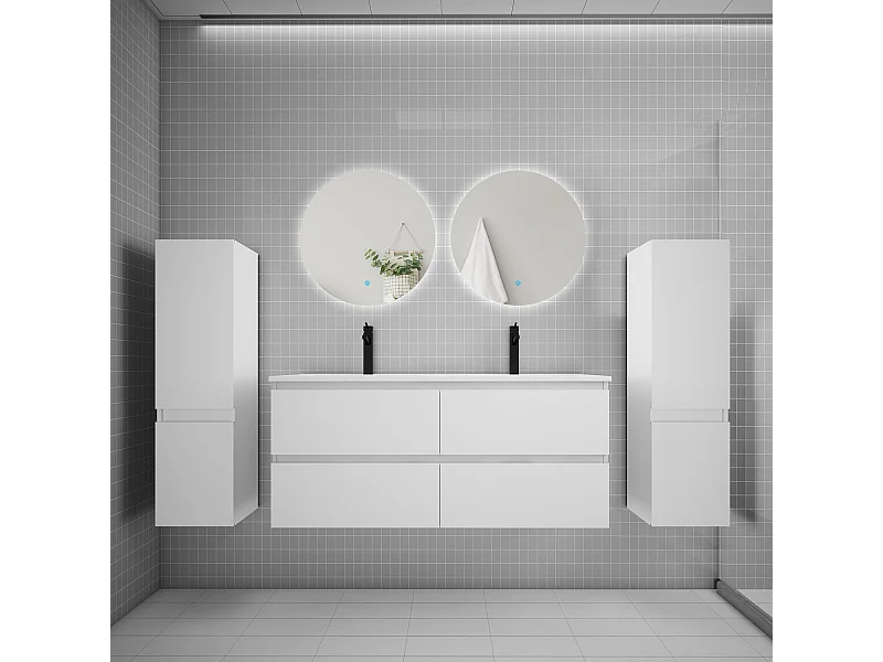 Ensemble meuble vasque L.120cm 2 tiroirs + lavabo + colonne + miroir rond 60cm,blanc