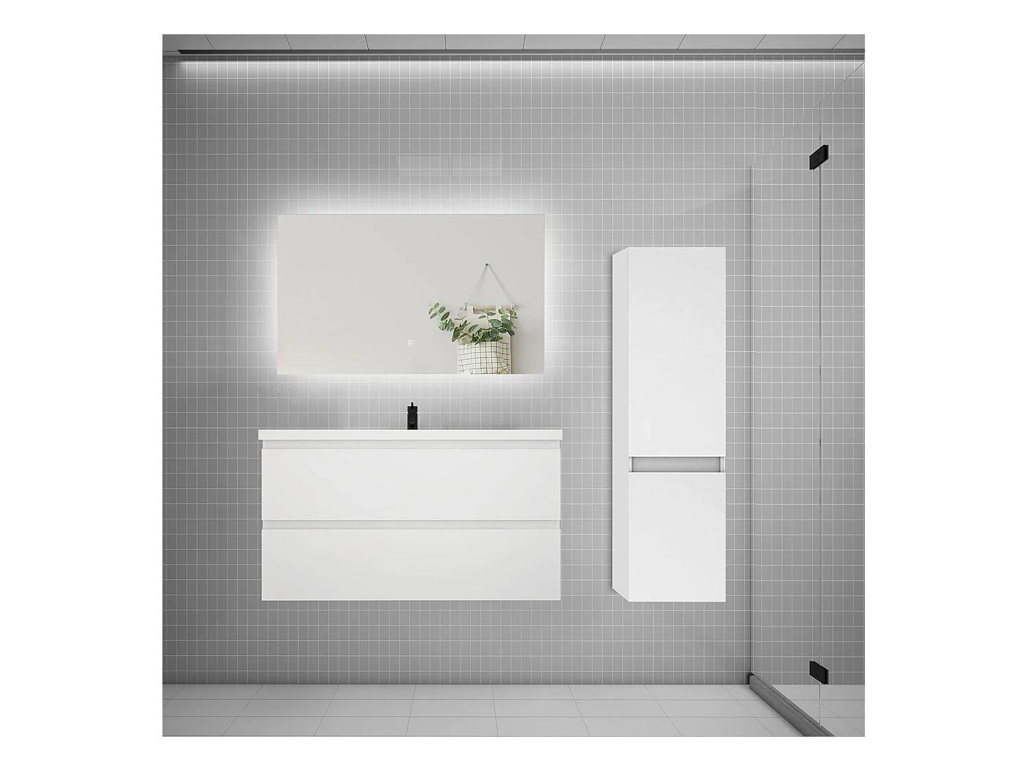 Ensemble meuble simple vasque 100cm 2 tiroirs + lavabo + colonne + miroir,blanc