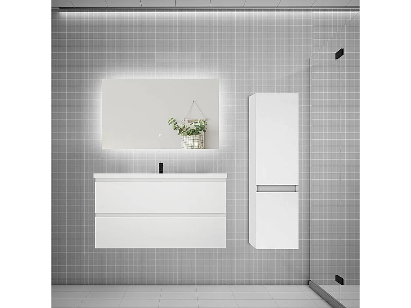 Ensemble meuble simple vasque 100cm 2 tiroirs + lavabo + colonne + miroir,blanc