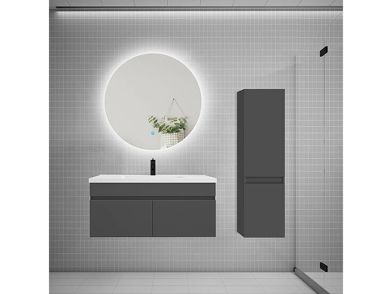 Ensemble meuble simple vasque 100cm lavabo + colonne + miroir rond,anthracite