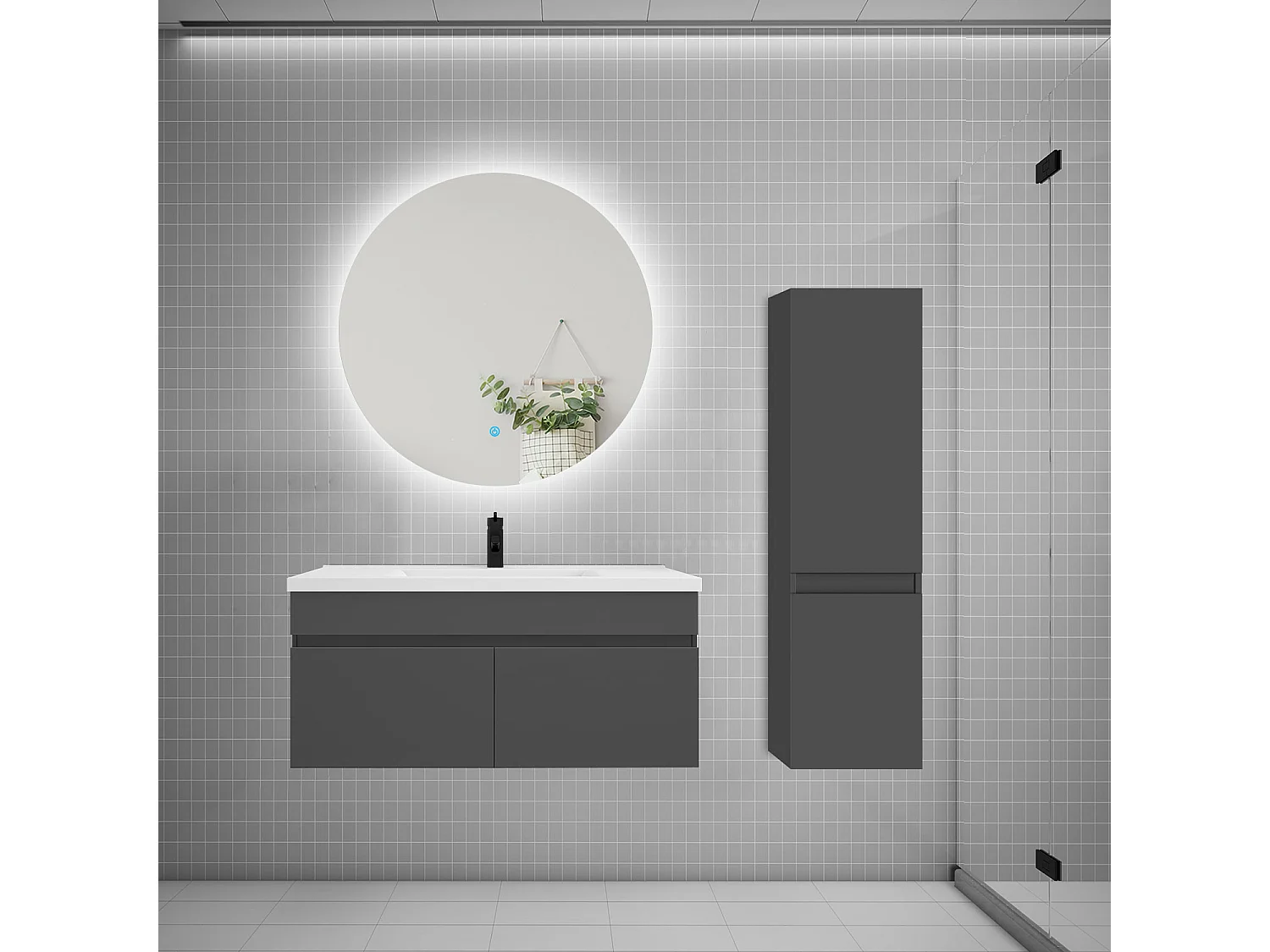 Ensemble meuble simple vasque 100cm lavabo + colonne + miroir rond,anthracite